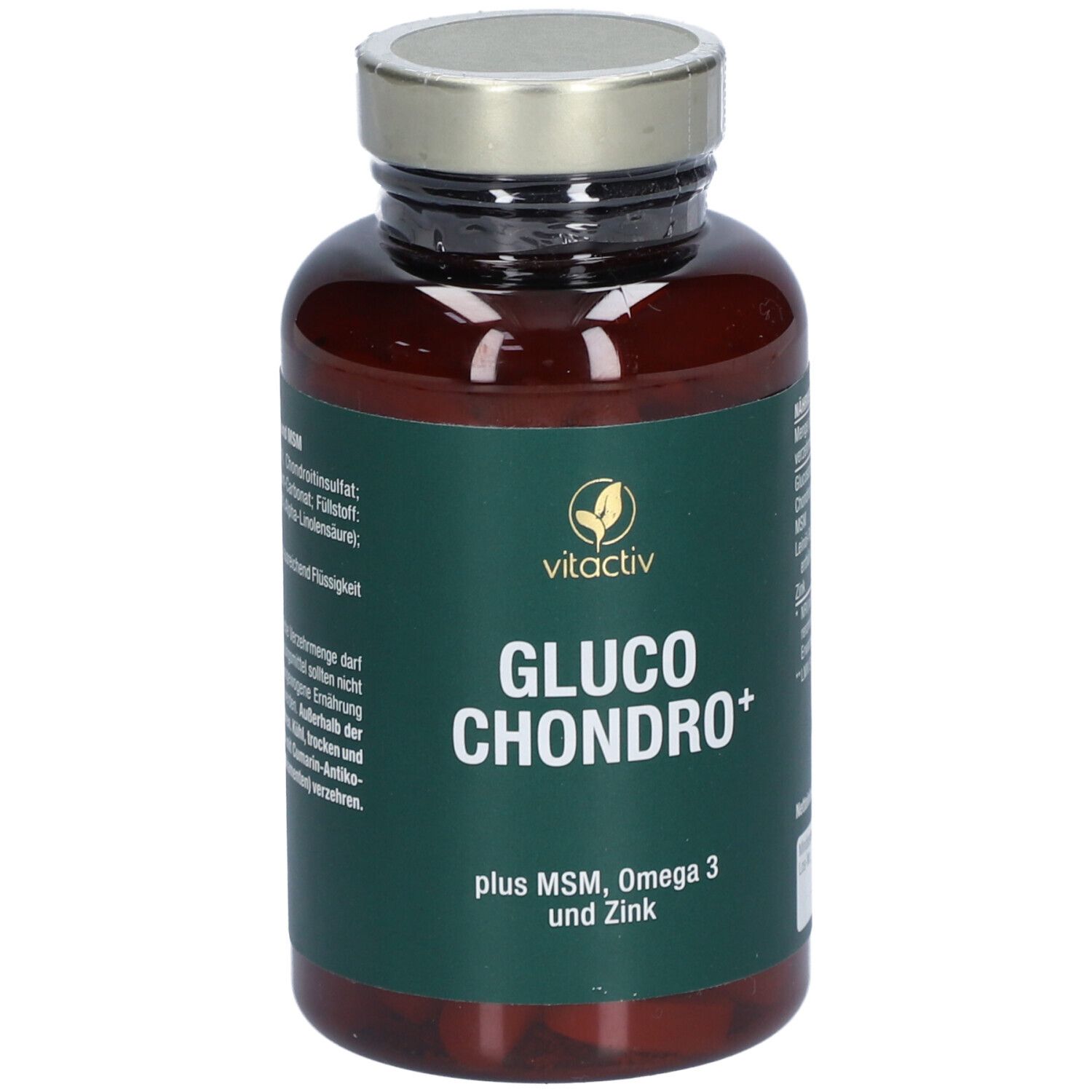 Braune Flasche mit Kapseln. Aufschrift: Gluco Chondro+. Logo Vitactiv. Enthält MSM, Omega 3 und Zink. Grünes Etikett.