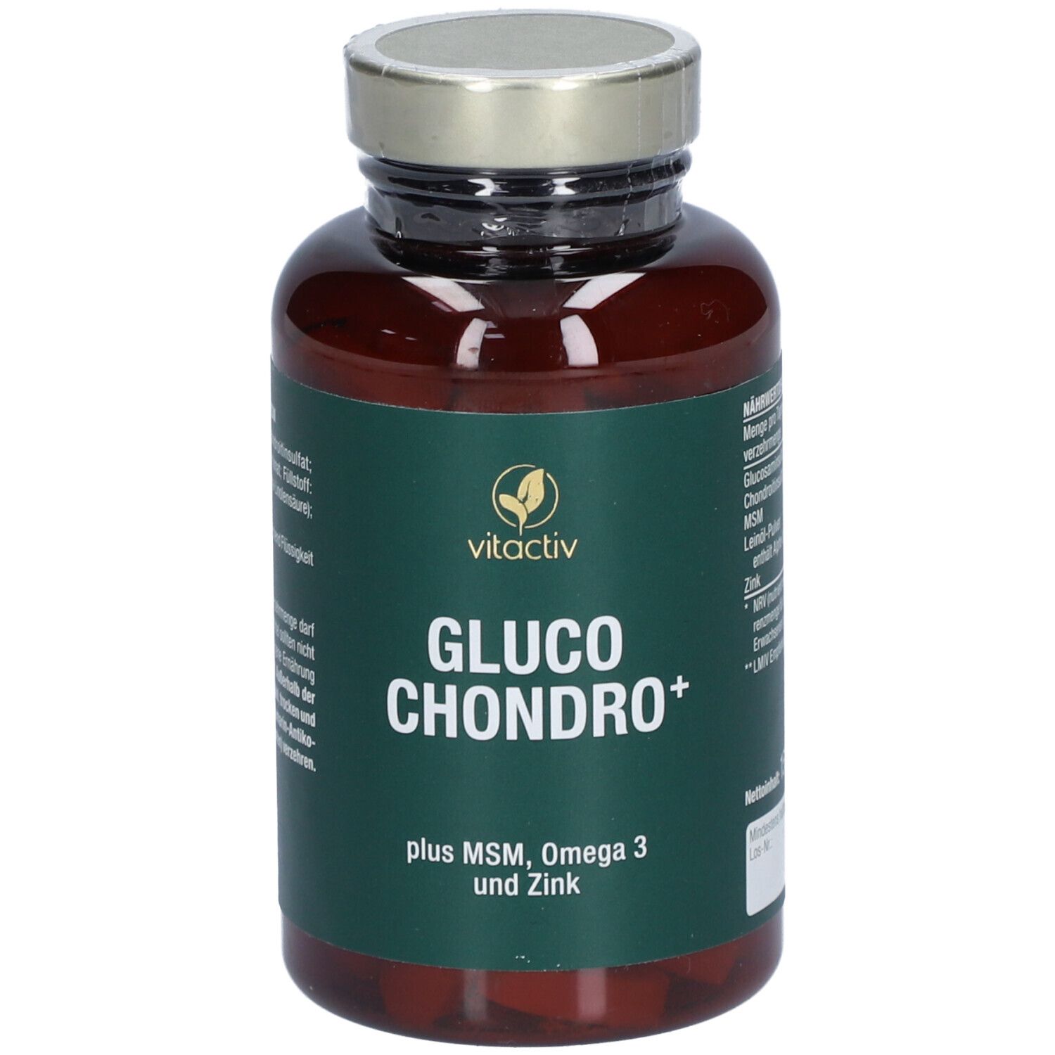 Braune Flasche mit Kapseln. Aufschrift: Gluco Chondro+. Logo Vitactiv. Enthält MSM, Omega 3 und Zink. Grünes Etikett.