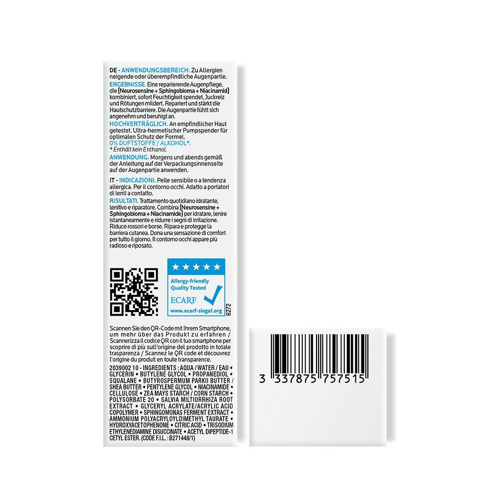 Toleriane Dermallergo Augen, feuchtigkeitsspendende und beruhigende Augencreme für zu Allergien neigende oder überempfindliche Augenpartie