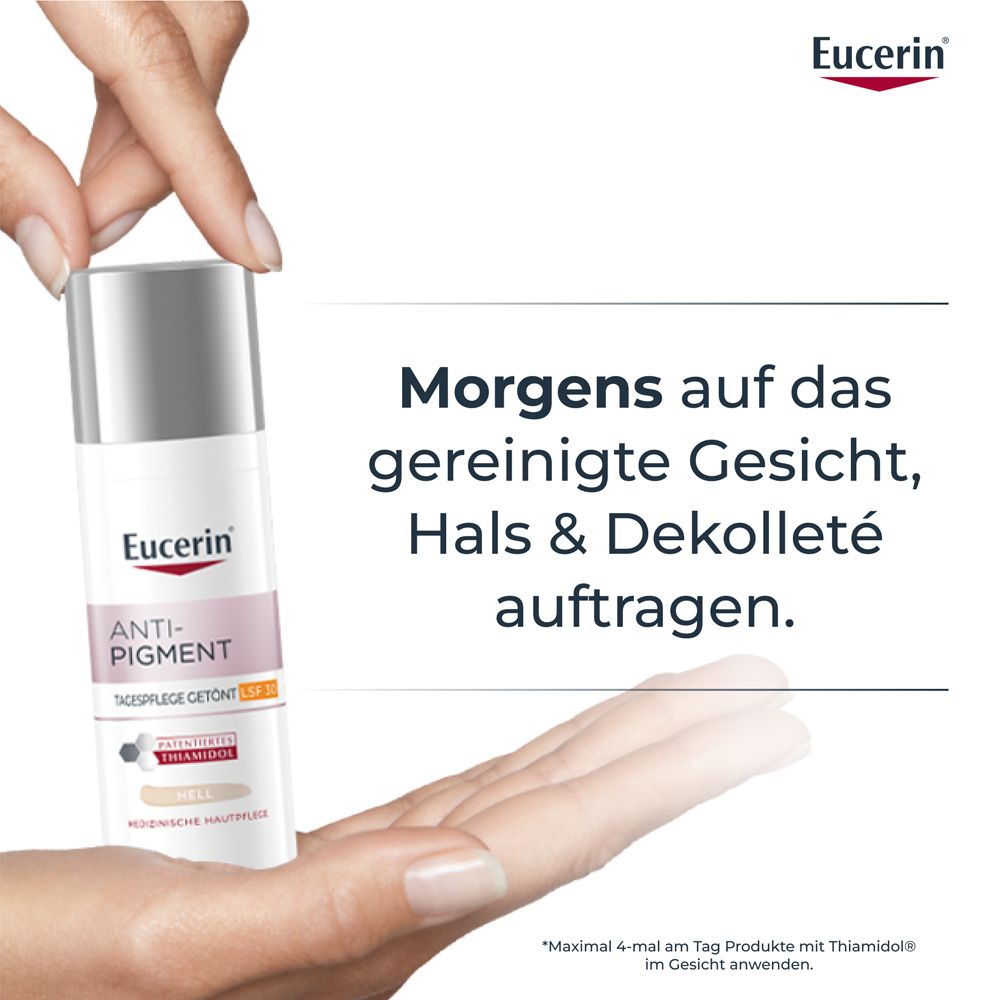 Hand hält Flasche. Text: Morgens auf Gesicht, Hals & Dekolleté auftragen. Produkt mit LSF 30.