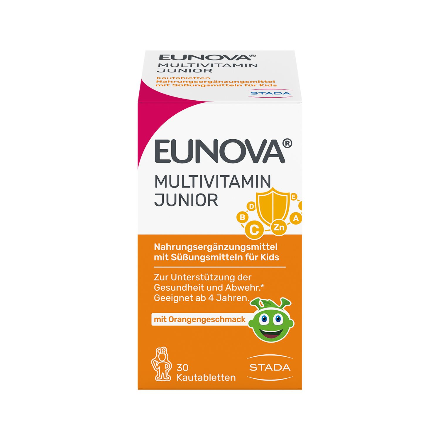 EUNOVA Multivitamin Junior. Weiße Schachtel mit Produktinformationen und Logo. Enthält 30 Kautabletten.