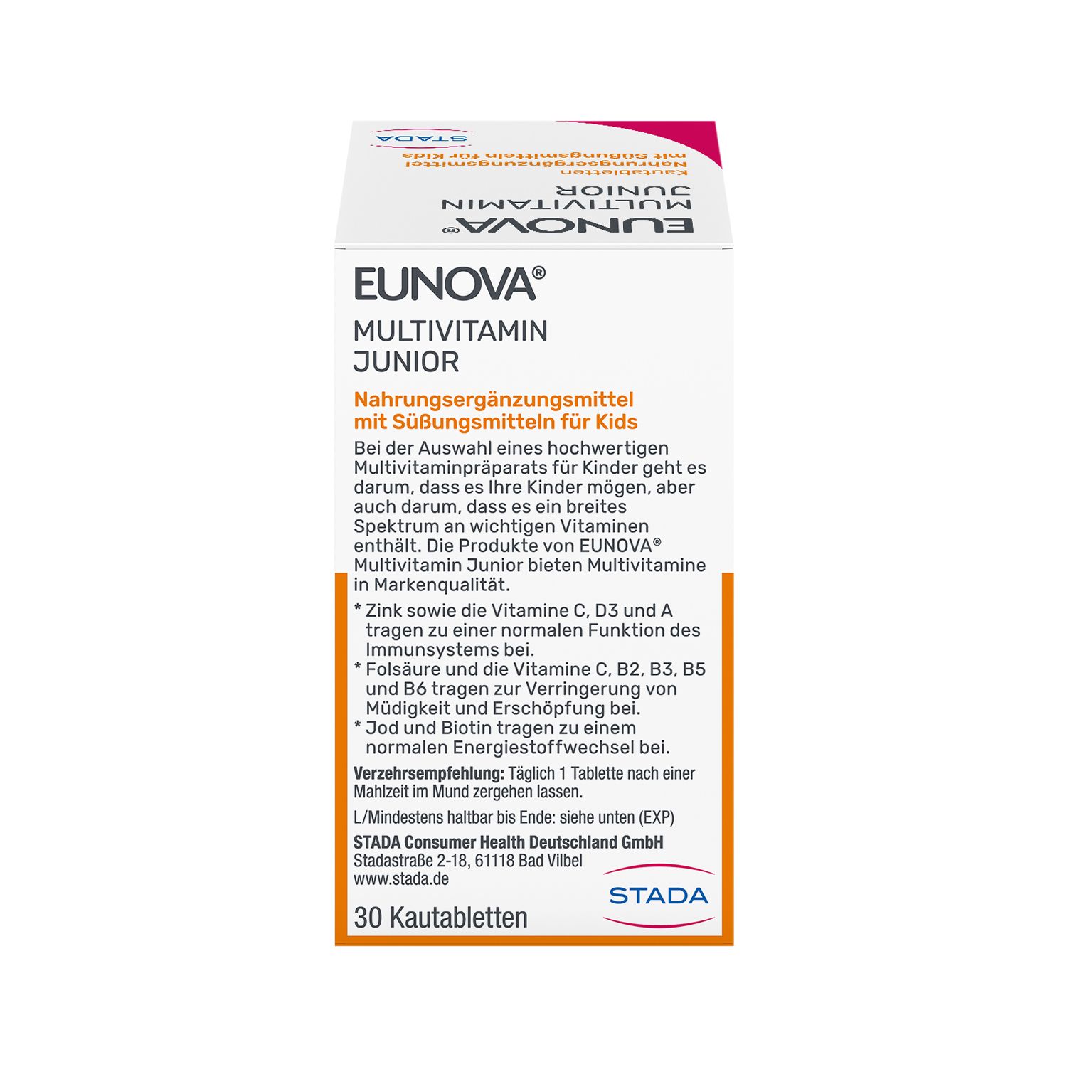 Rückseite der EUNOVA Multivitamin Junior-Verpackung. Enthält Informationen über Inhaltsstoffe und Anwendung.