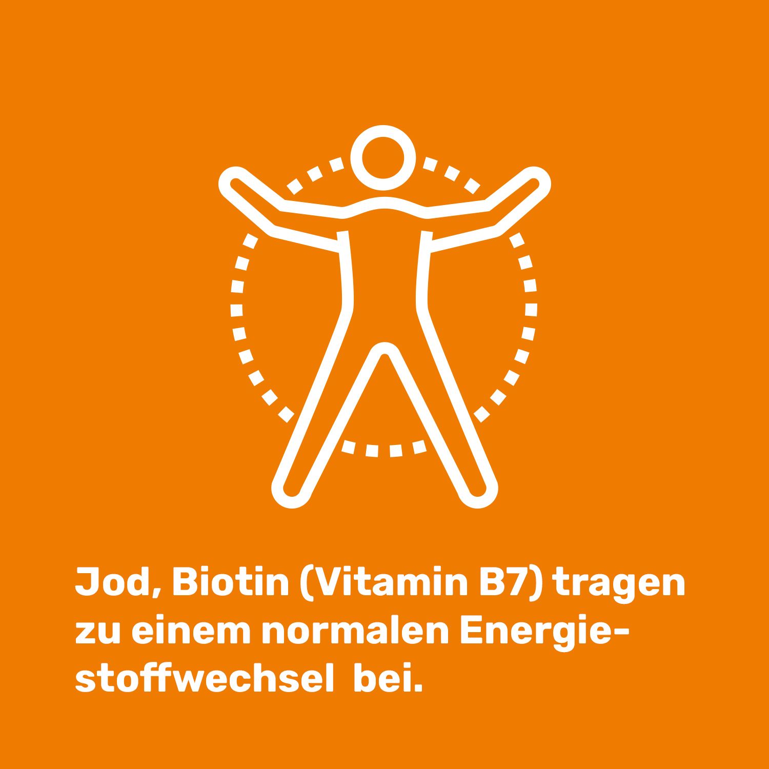 Orangefarbener Hintergrund mit Symbol einer Person. Text: Jod, Biotin (Vitamin B7) tragen zu einem normalen Energiestoffwechsel bei.