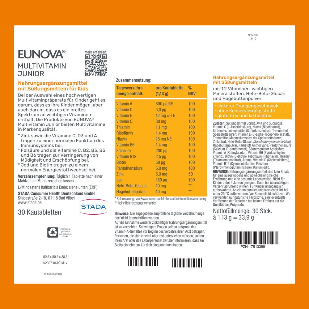 Rückseite der EUNOVA Multivitamin Junior-Verpackung. Enthält Nährwertangaben und Inhaltsstoffe.