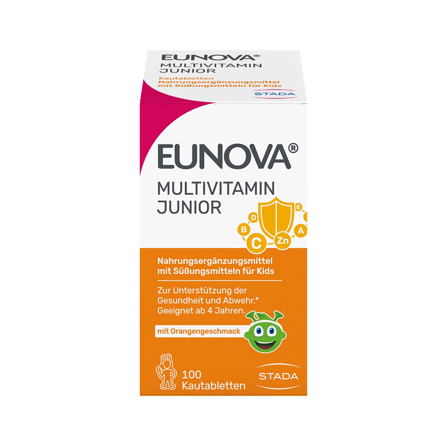 Eunova Junior Multivitamin-Kautabletten-Packung. Enthält 100 Tabletten. Orangefarbenes Design mit Produktnamen und Logo.