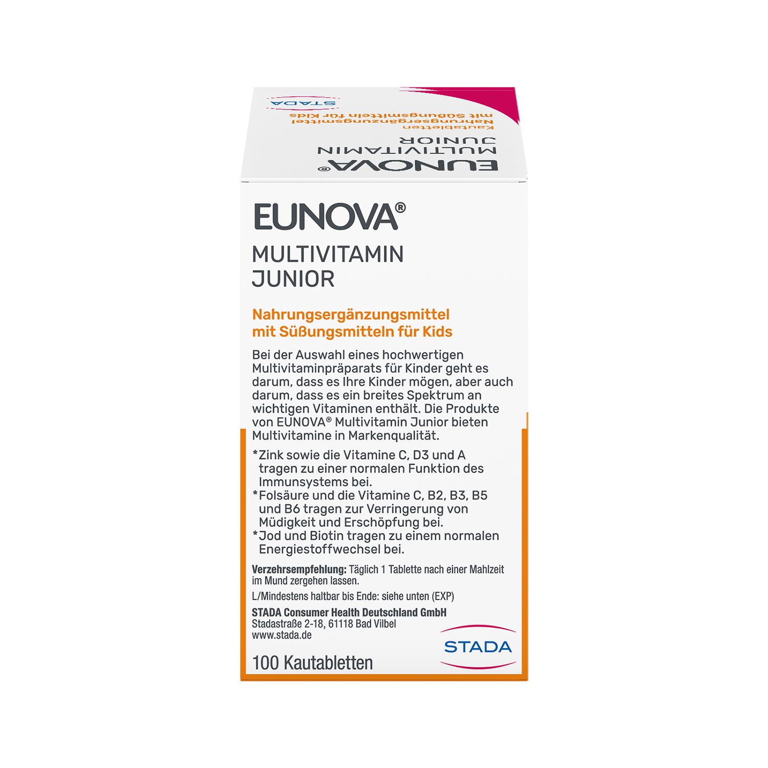 Eunova Junior Multivitamin-Kautabletten-Packung. Text mit Informationen zum Produkt und Inhaltsstoffen. STADA Logo.