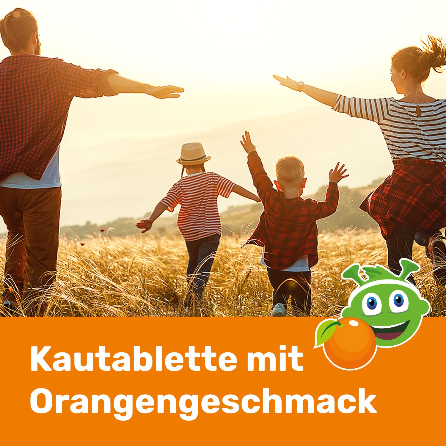 Familie rennt durch ein Feld. Orangefarbener Hintergrund mit Text: Kautablette mit Orangengeschmack. Cartoon-Figur.
