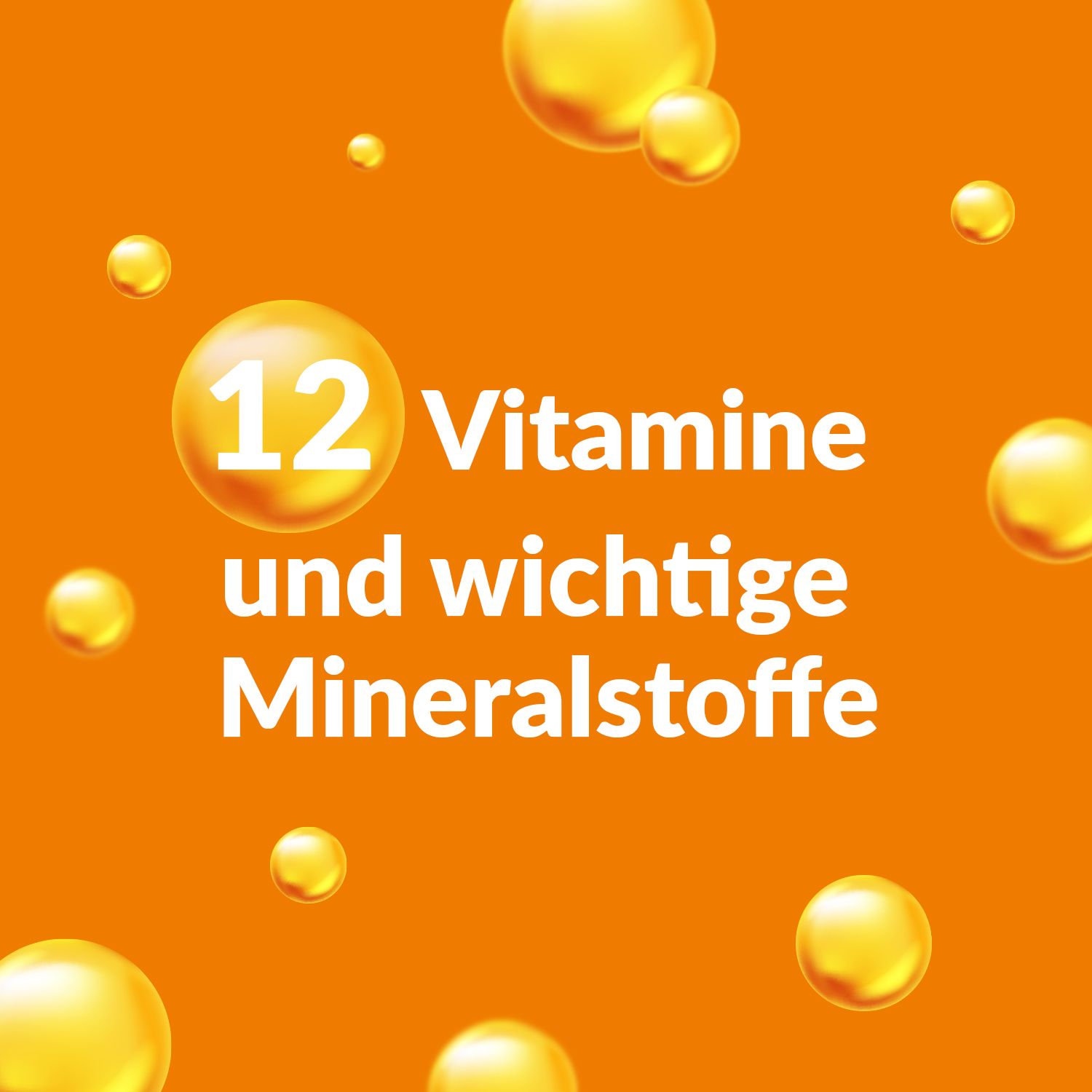 Abstrakte Darstellung von 12 Vitaminen und Mineralstoffen. Gelbe Kreise auf orangefarbenem Hintergrund. Text.