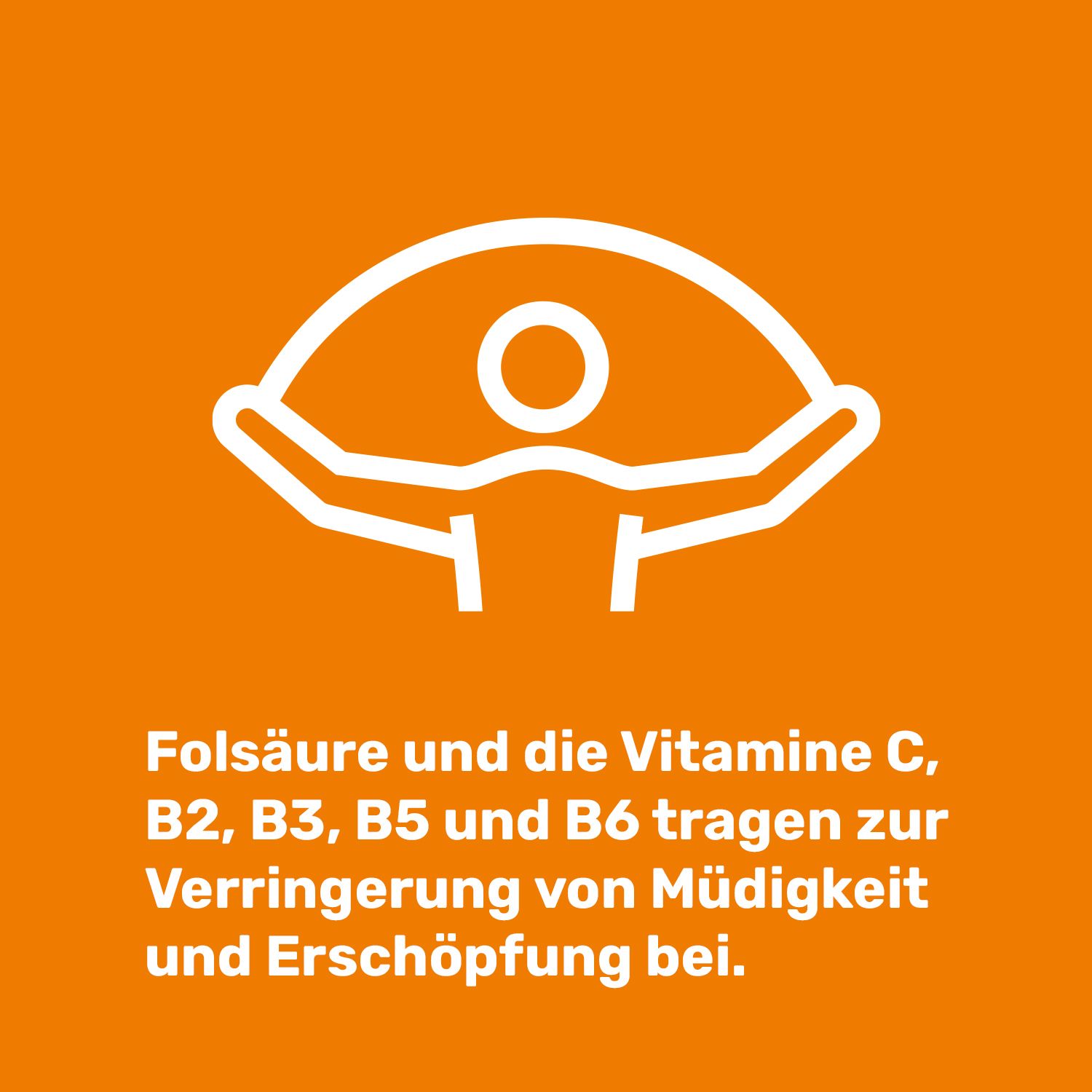 Symbol: Person mit geöffneten Armen. Text: Folsäure und die Vitamine C, B2, B3, B5 und B6 tragen zur Verringerung von Müdigkeit und Erschöpfung bei.