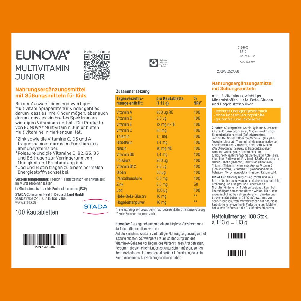 Eunova Junior Multivitamin-Kautabletten-Packung. Rückseite mit Nährwertangaben und Inhaltsstoffen. STADA Logo.