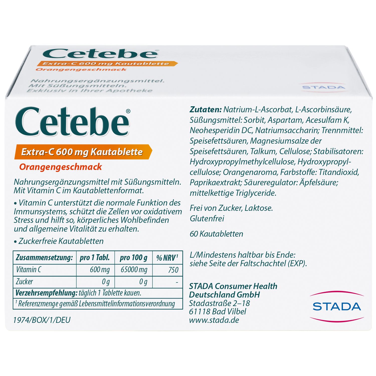 Cetebe® Extra-C 600 mg unterstützt Ihre Immunabwehr Kautabletten, 600 mg Vitamin C, Orangengeschmack
