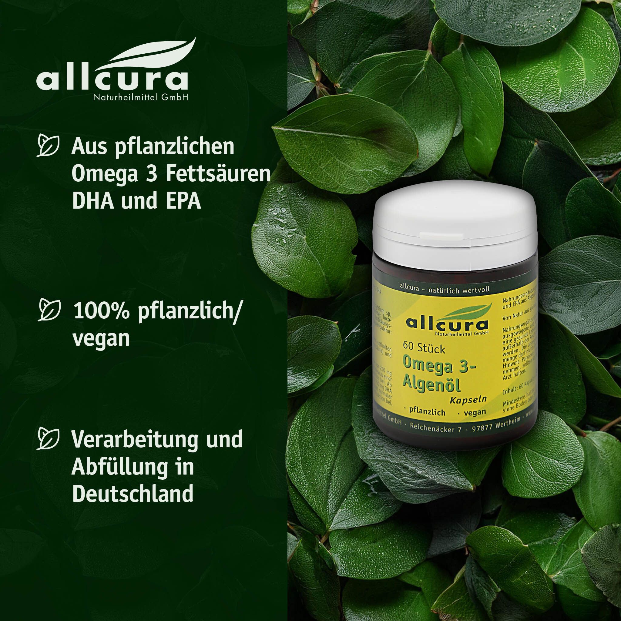 Grüner Hintergrund mit Blättern. Dose mit weißem Deckel. Aufschrift: allcura Omega 3-Algenöl, 60 Kapseln.