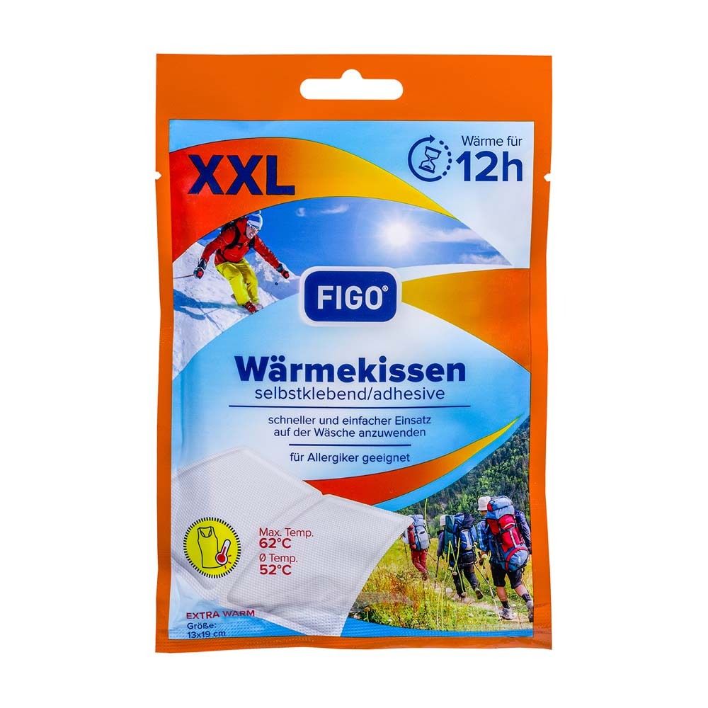 Verpackung mit FIGO Wärmekissen. XXL-Größe, selbstklebend. Enthält Informationen zu Temperatur und Anwendungsdauer. Geeignet für Allergiker.