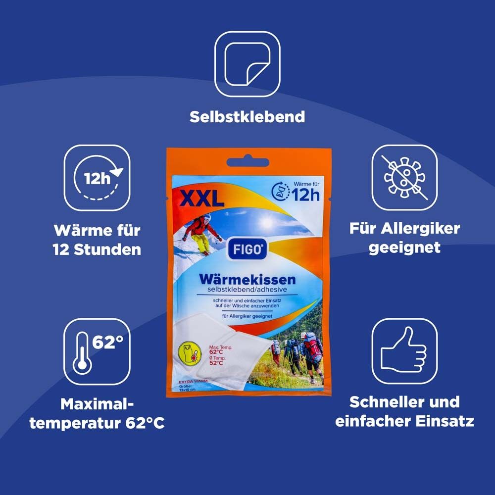 Grafik mit Icons und FIGO Wärmekissen-Verpackung. Icons zeigen: 12h Wärme, selbstklebend, für Allergiker geeignet, maximale Temperatur 62°C, schneller Einsatz.