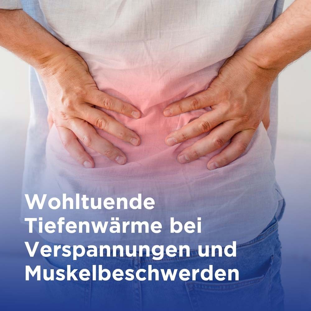 Person hält Hände auf schmerzenden unteren Rücken. Text: Wohltuende Tiefenwärme bei Verspannungen und Muskelbeschwerden.