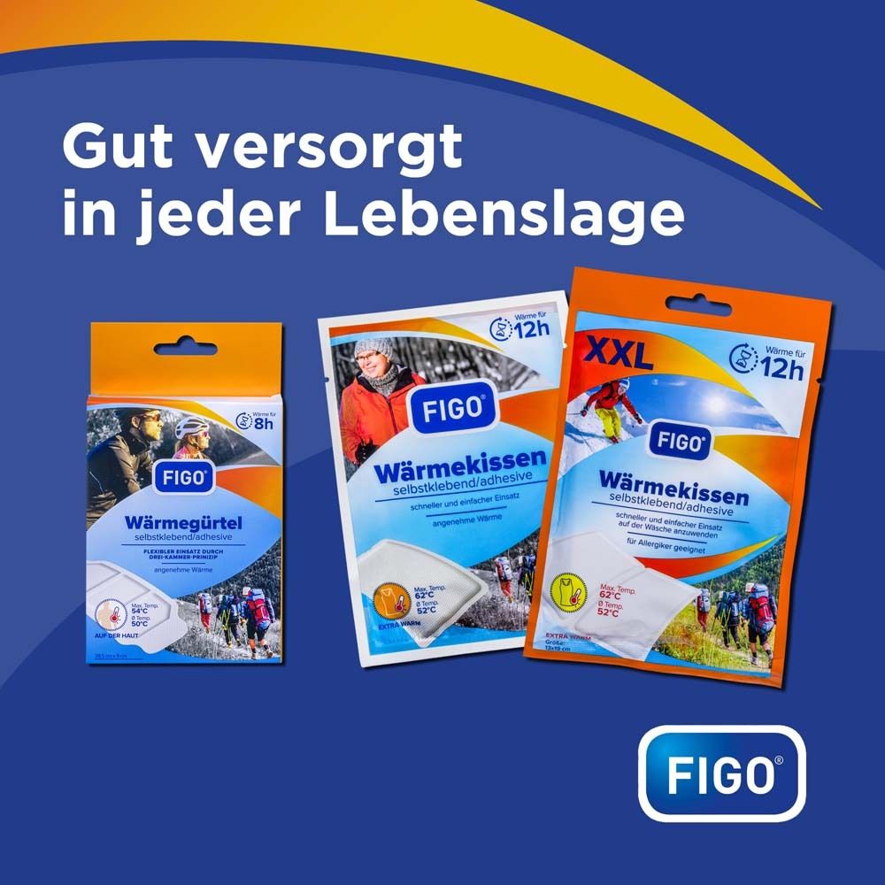 Drei FIGO Wärmekissen-Verpackungen. Text: Gut versorgt in jeder Lebenslage. Verschiedene Größen und Designs.