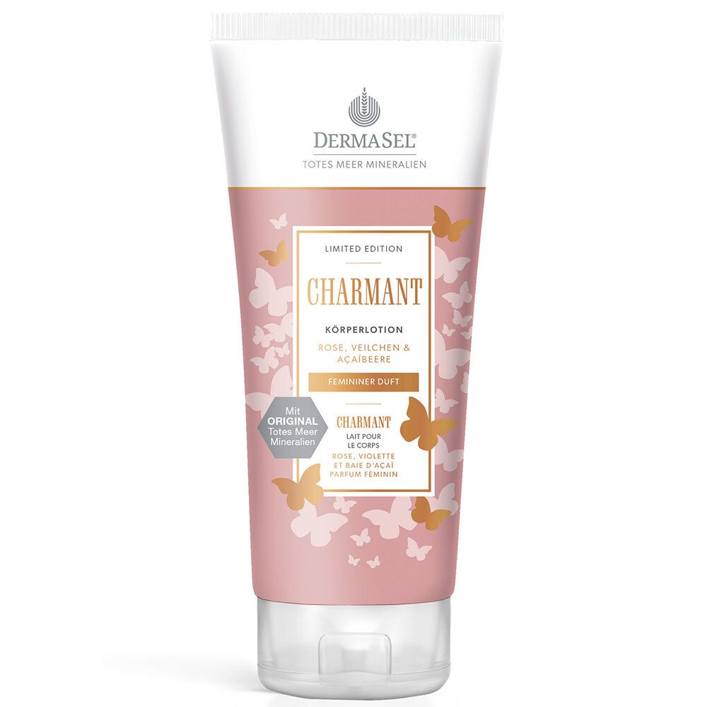 Körperlotion-Tube, rosa-weiß, mit Produktnamen und Schmetterlings-Design. Text: "Charmant Körperlotion".