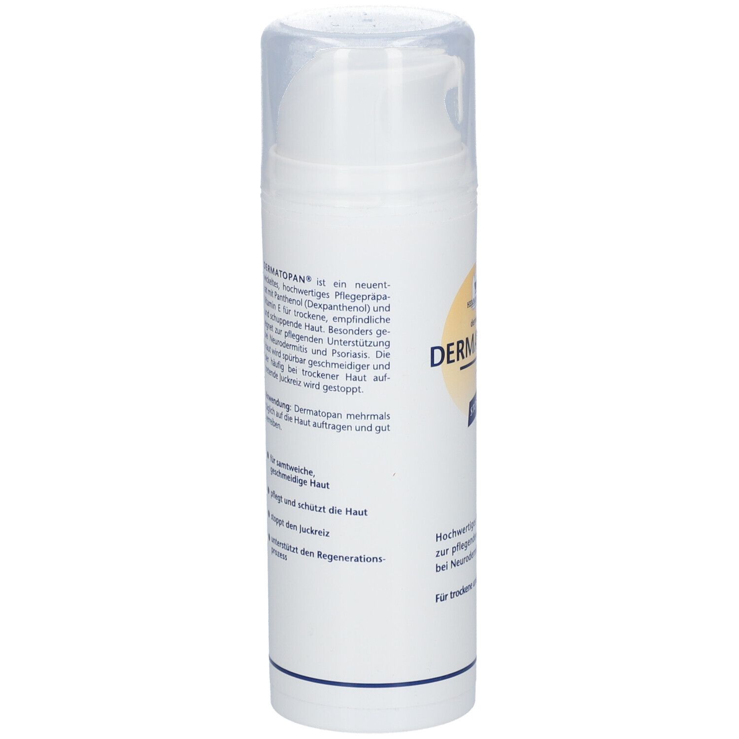 Weiße Flasche HERBAMEDICUS DERMATOPAN®. Text auf Deutsch. Mit Dosierkopf und Klarsichtkappe. Seitenansicht.