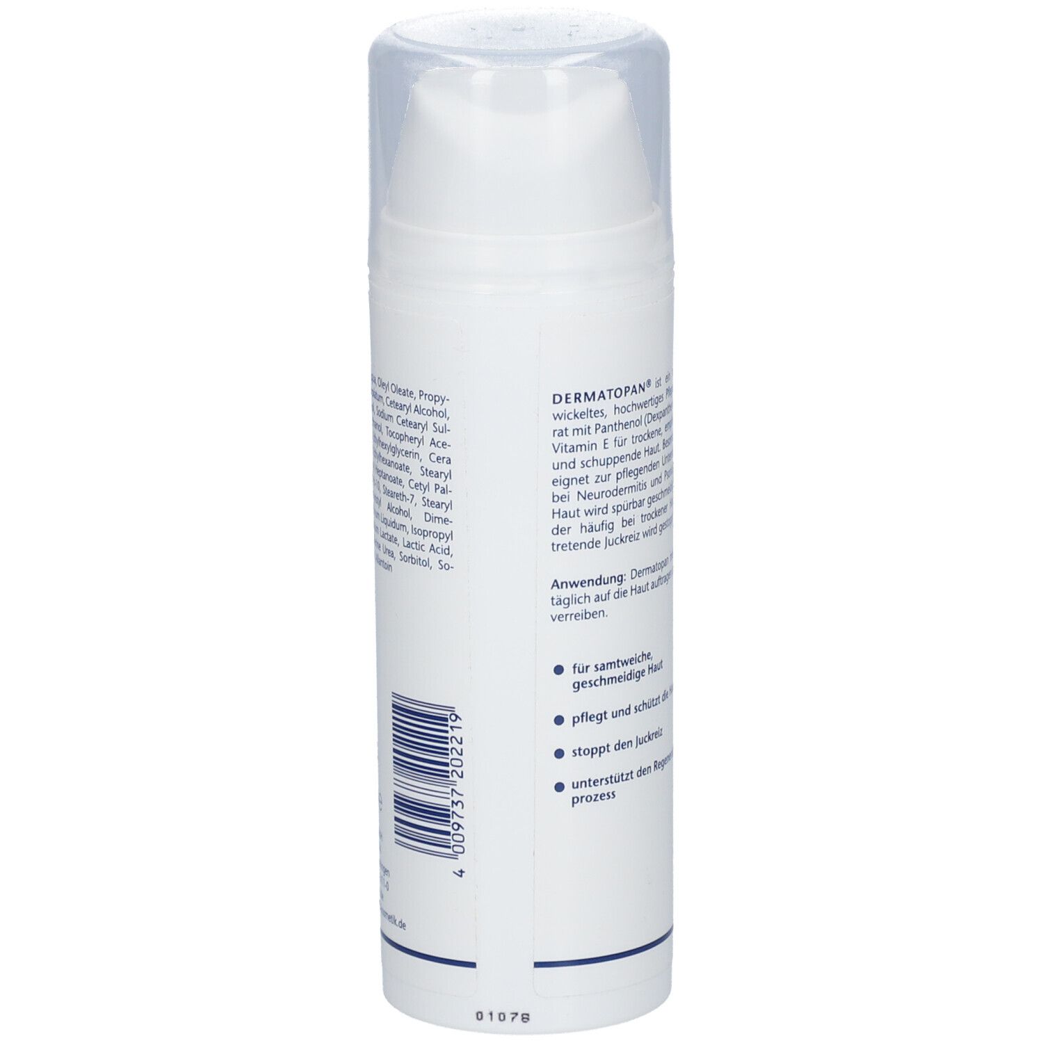 Weiße Flasche HERBAMEDICUS DERMATOPAN®. Inhaltsstoffe und Text auf Deutsch. Mit Dosierkopf und Klarsichtkappe. Seitenansicht.