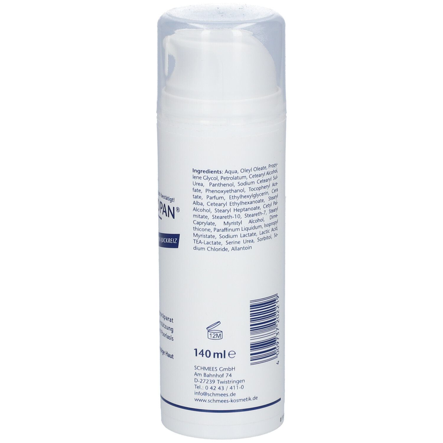 Weiße Flasche HERBAMEDICUS DERMATOPAN®. Inhaltsstoffe und Text auf Deutsch. Mit Dosierkopf und Klarsichtkappe. 140 ml.