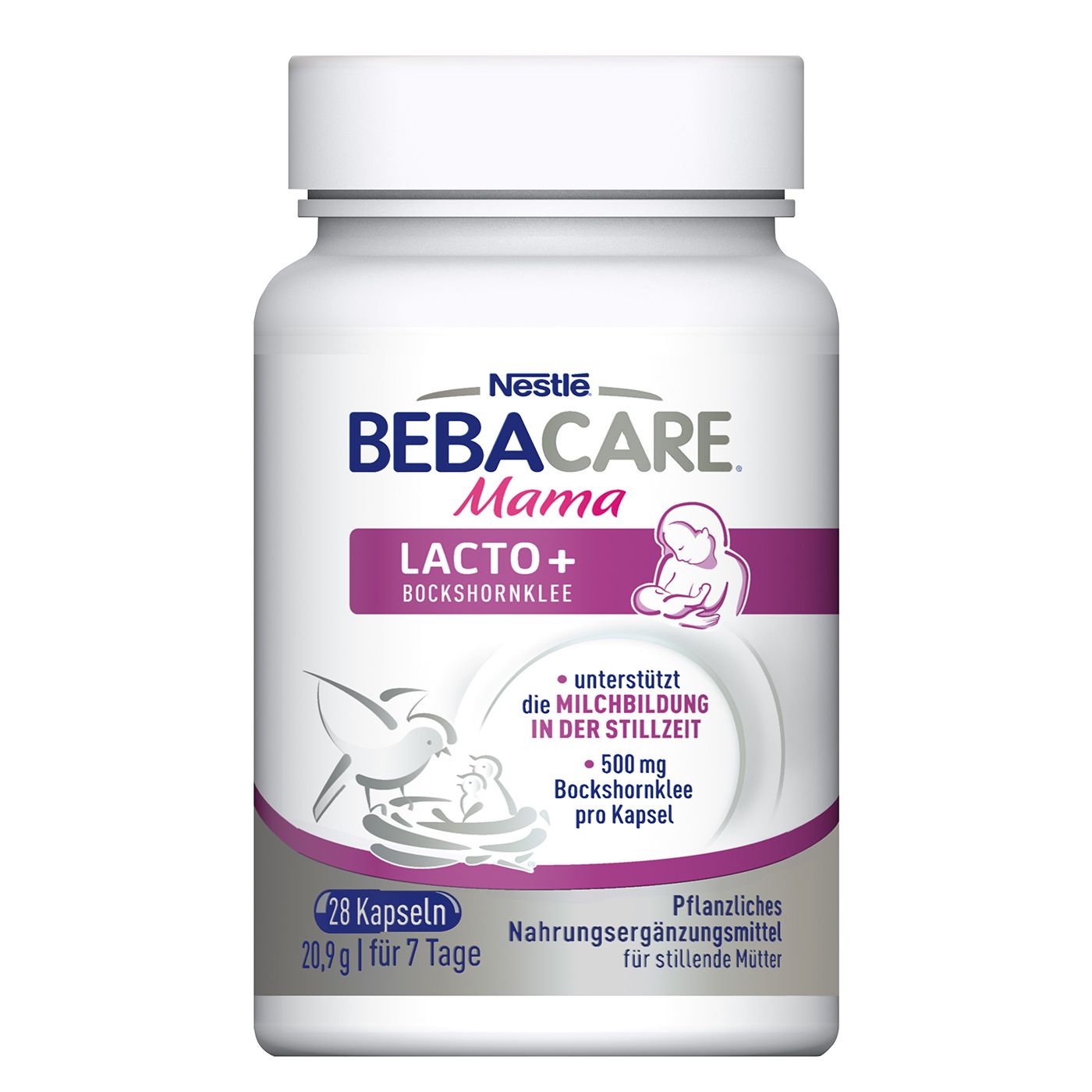 Weiße Flasche mit Kapseln. Aufschrift: BEBACARE Mama LACTO+ Bockshornklee. 28 Kapseln, 20,9g.