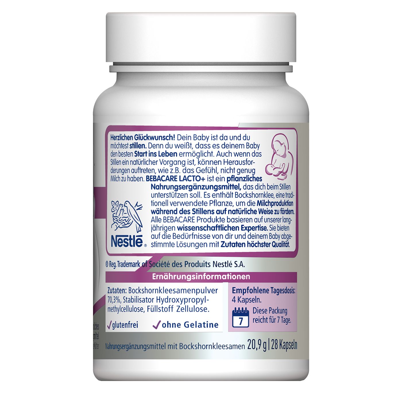 Rückseite der Flasche. Text über Inhaltsstoffe, Anwendung und Hinweise. Logo von Nestlé. 28 Kapseln, 20,9g.