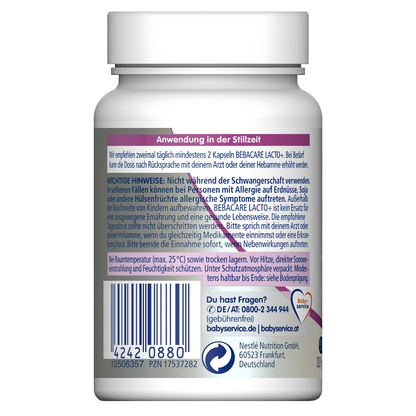 Rückseite der Flasche. Text über Anwendung und Hinweise. Kontaktinformationen. 28 Kapseln, 20,9g.