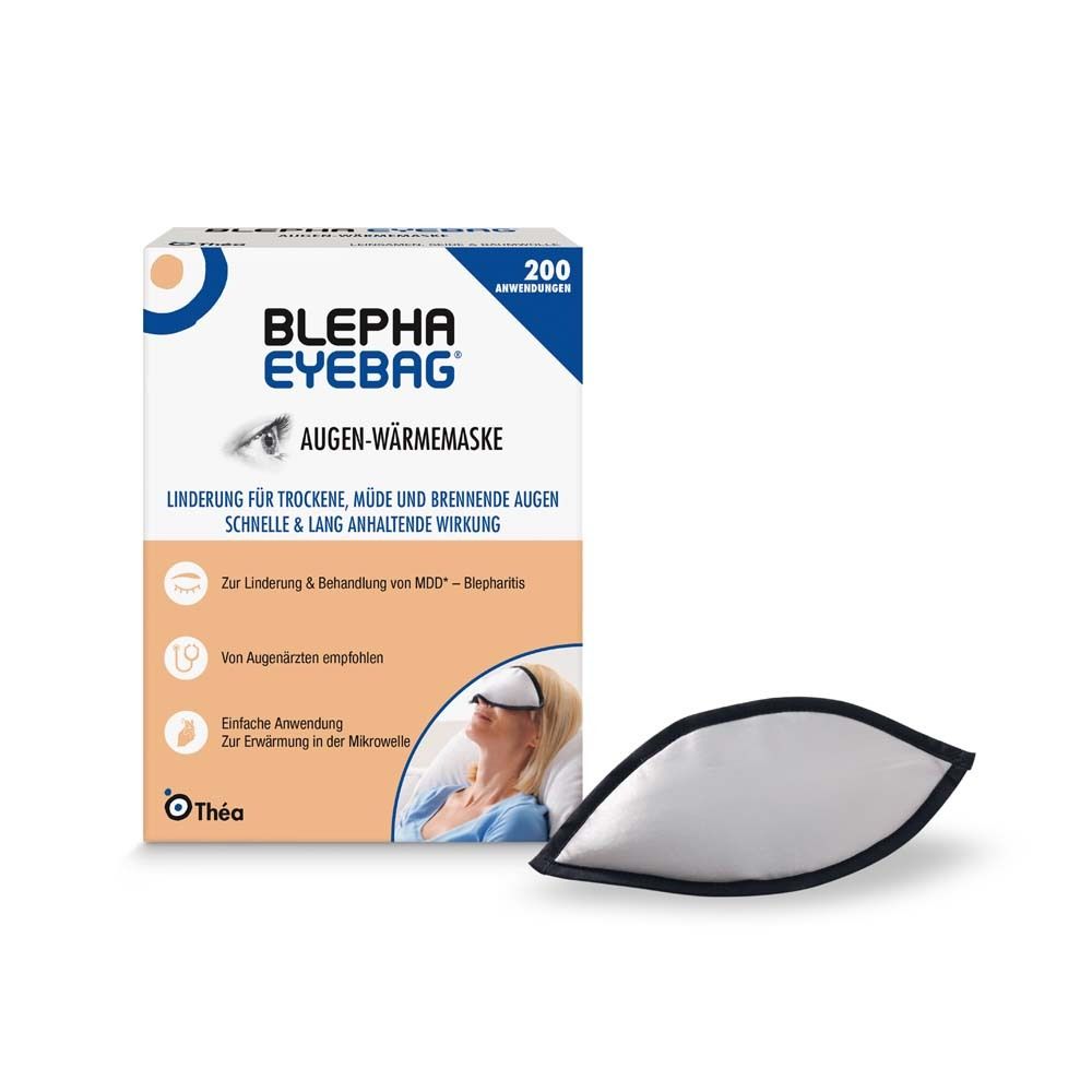 BLEPHA EYEBAG Augen-Wärmemaske. Weiße Augenmaske mit schwarzem Rand. Verpackung mit Produktinformationen.