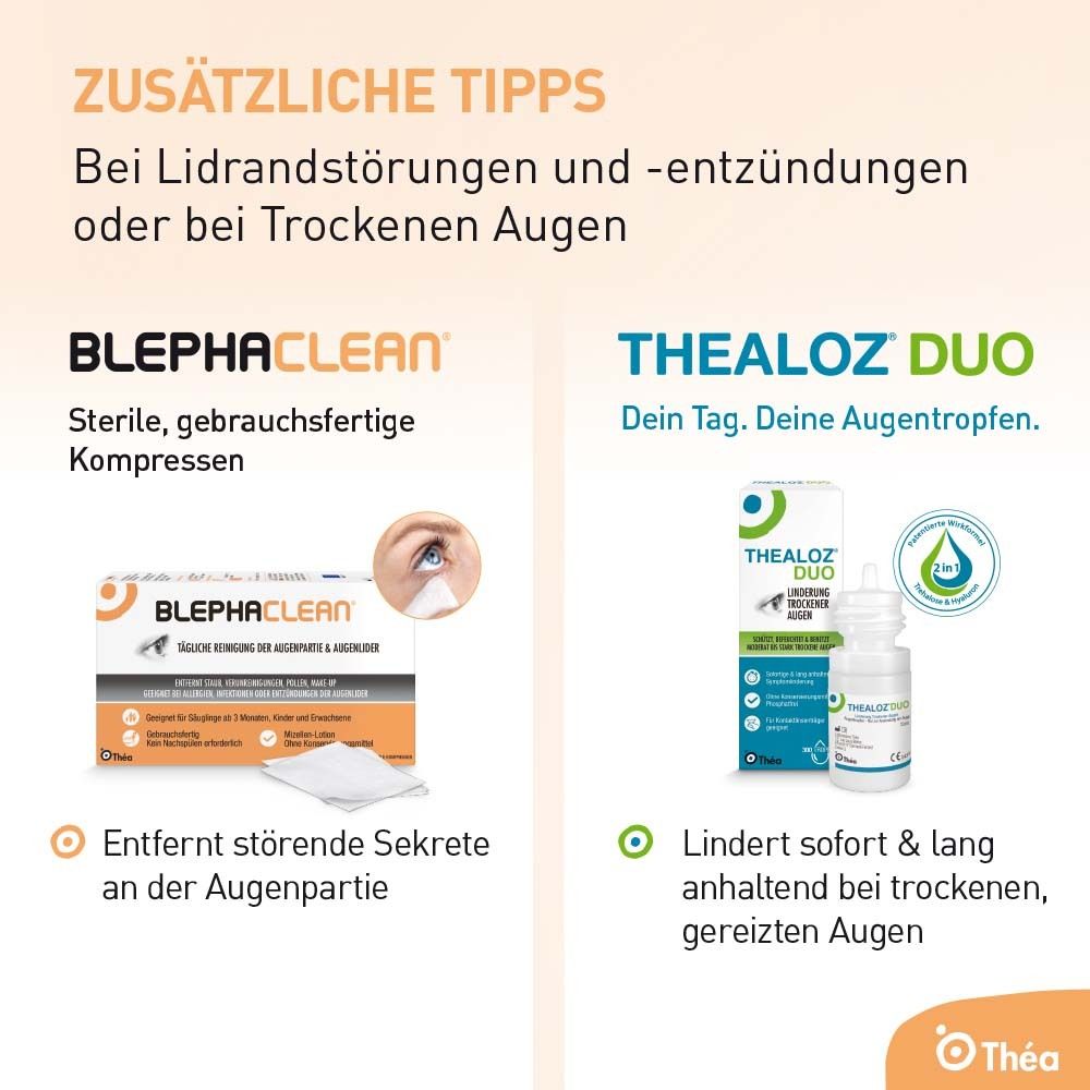 BLEPHACLEAN Kompressen und THEALOZ DUO Augentropfen. Produkte zur Augenpflege. Verpackungen mit Produktinformationen.
