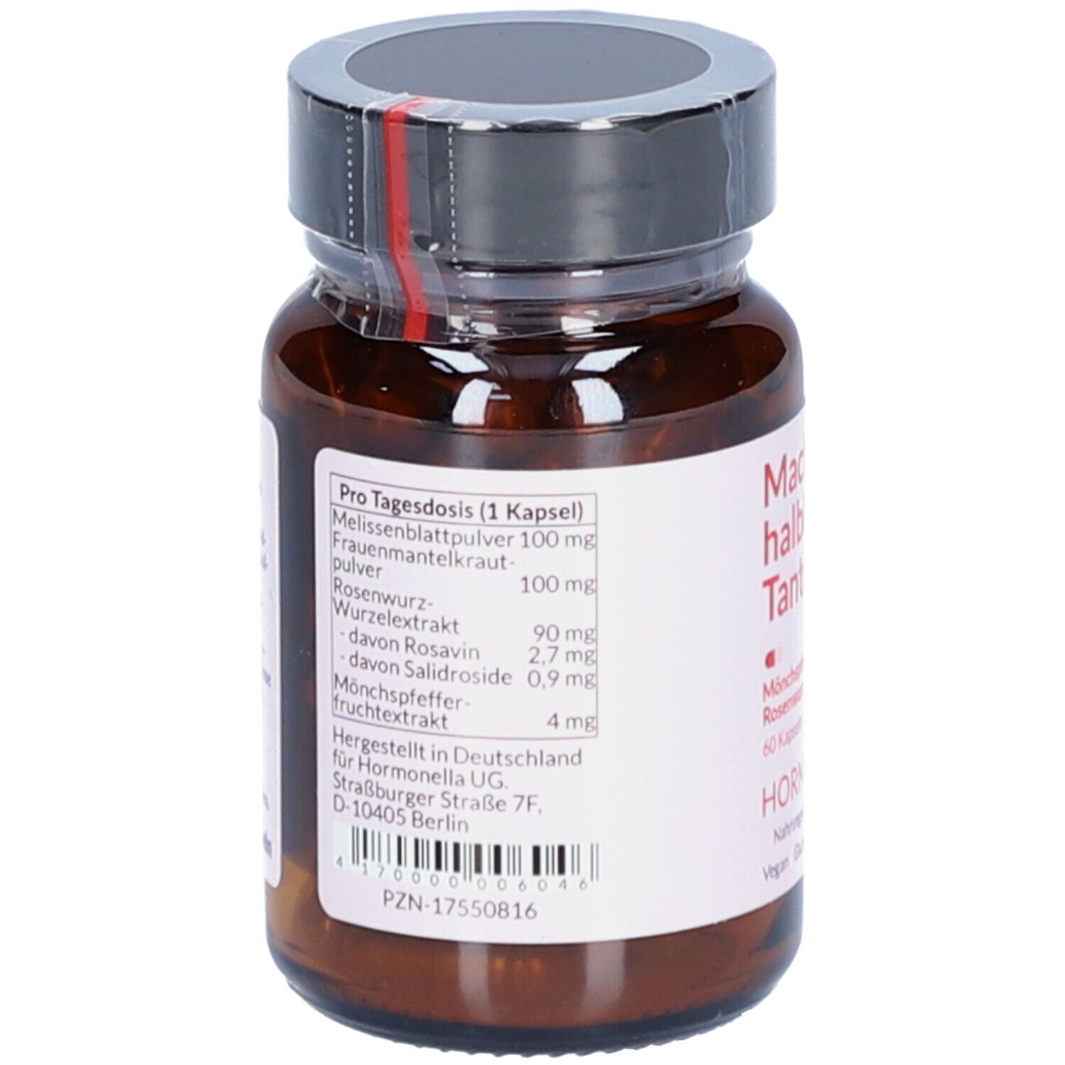 Rückseite der Flasche mit Inhaltsangaben. Pro Tagesdosis (1 Kapsel): Melissenblattpulver 100 mg, Frauenmantelkrautpulver 100 mg, Rosenwurz-Wurzelextrakt 100 mg.