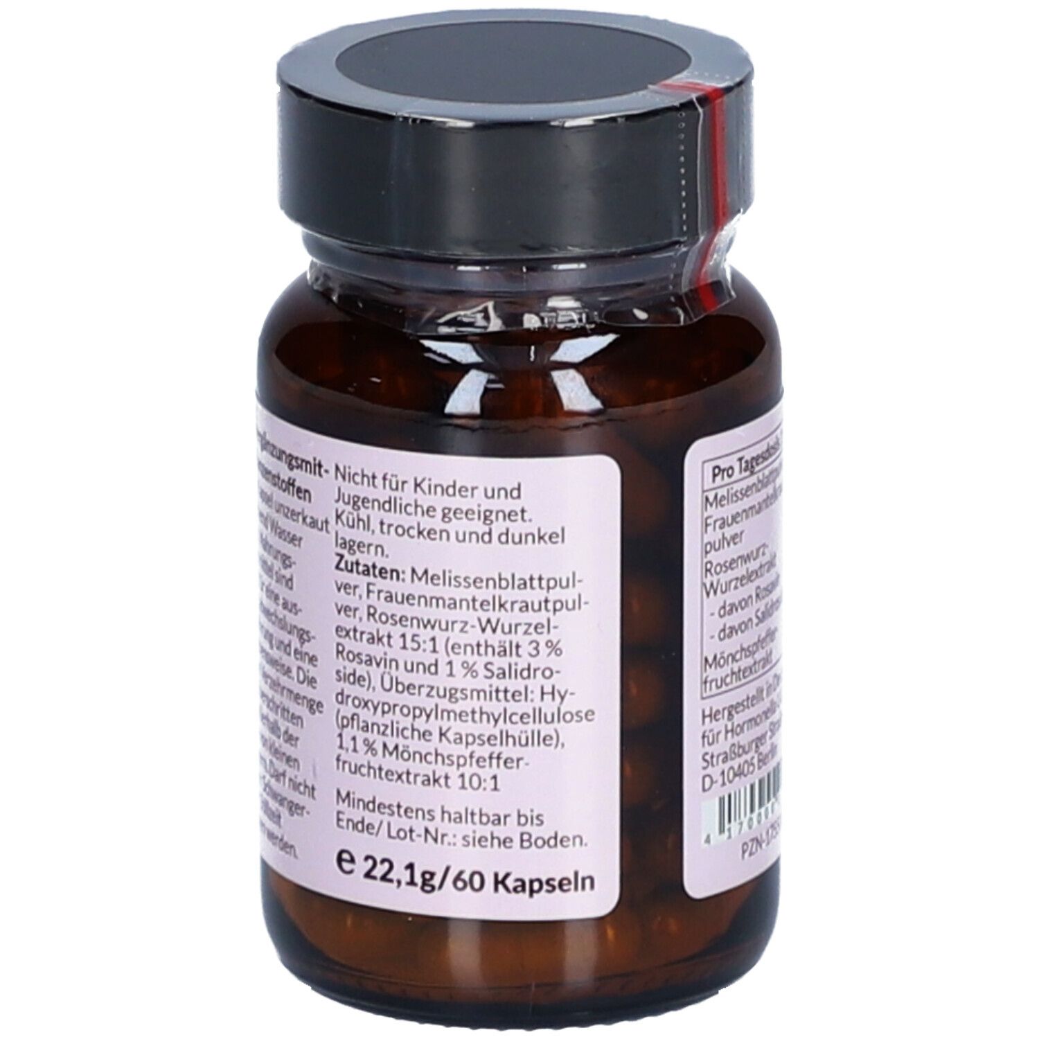 Rückseite der Flasche mit Zutatenliste. Enthält Melissenblattpulver, Frauenmantelkrautpulver, Rosenwurz-Wurzelextrakt, Rosavin, Salidrosid, Mönchspfeffer-Fruchtextrakt.