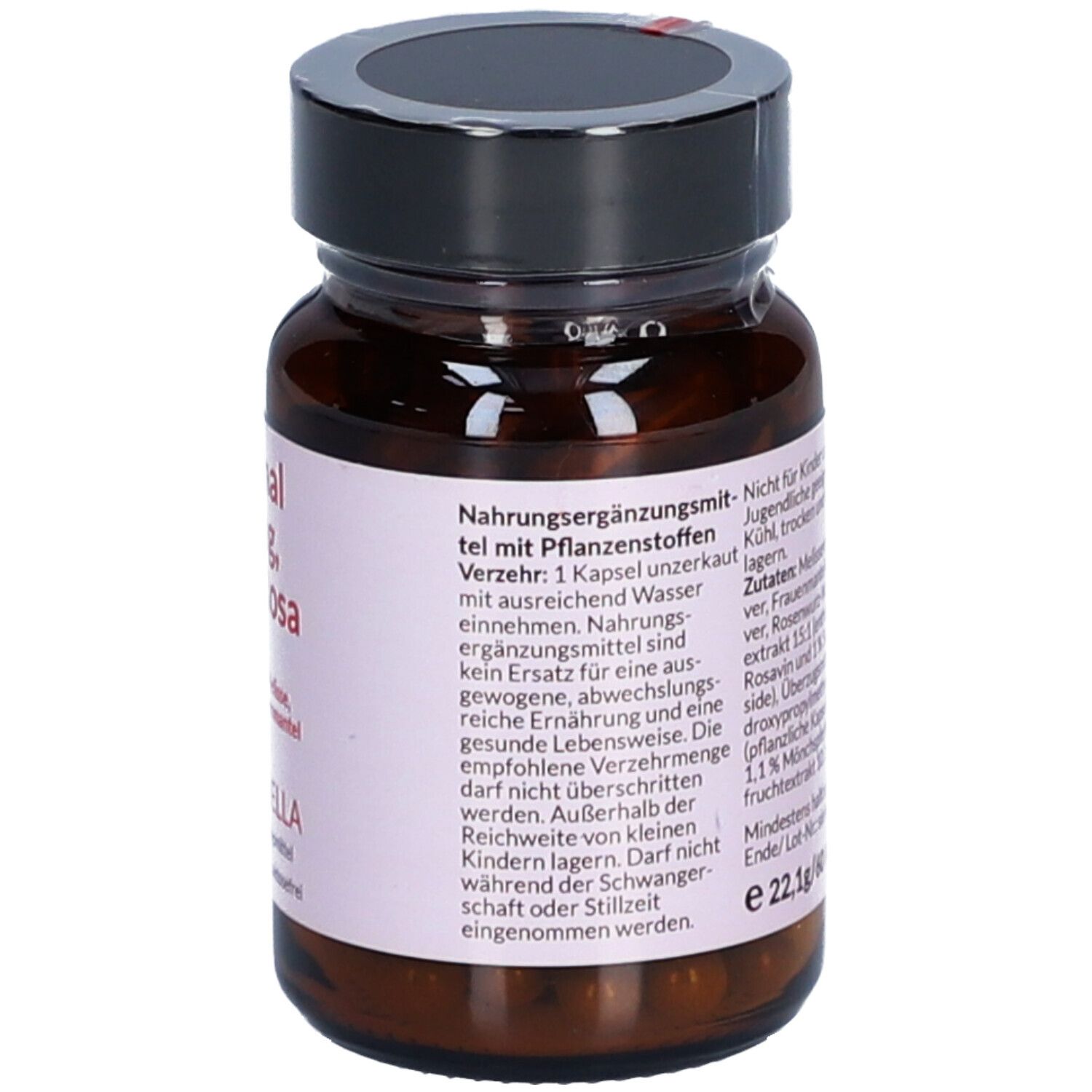 Rückseite der Flasche mit Informationen. Nahrungsergänzungsmittel. Verzehrempfehlung: 1 Kapsel unzerkaut mit Wasser einnehmen. Enthält 22,1g/60 Kapseln.