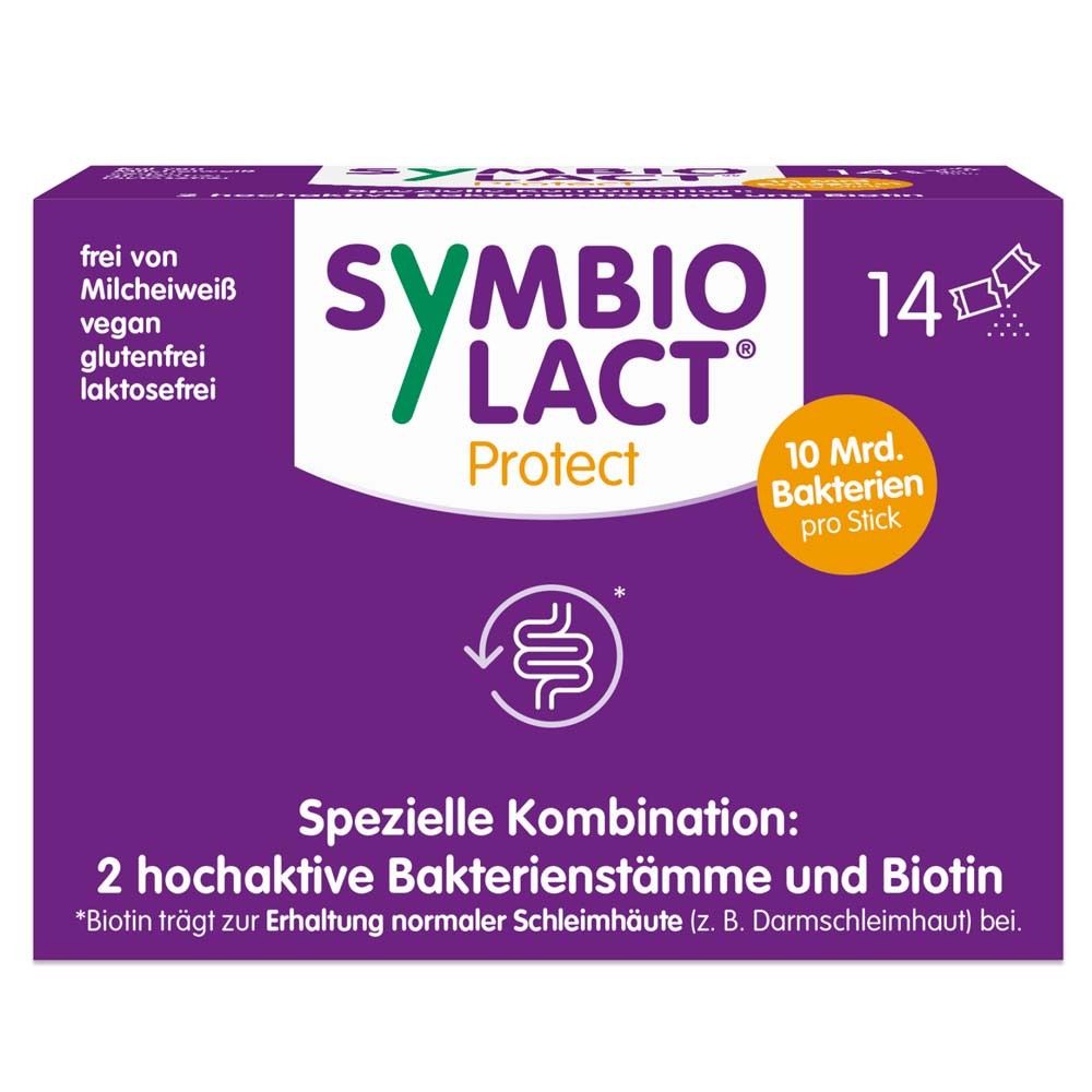 Lila Schachtel mit SymbioLact Protect. 14 Sticks, 10 Mrd. Bakterien pro Stick. Spezielle Kombination mit 2 Bakterienstämmen und Biotin.