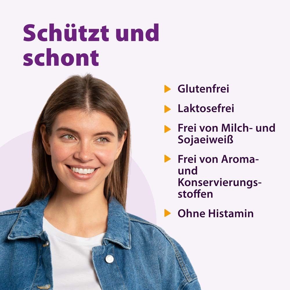 Junge Frau lächelt. Text: Schützt und schont. Glutenfrei, laktosefrei, frei von Milch- und Sojaeiweiß, ohne Histamin.