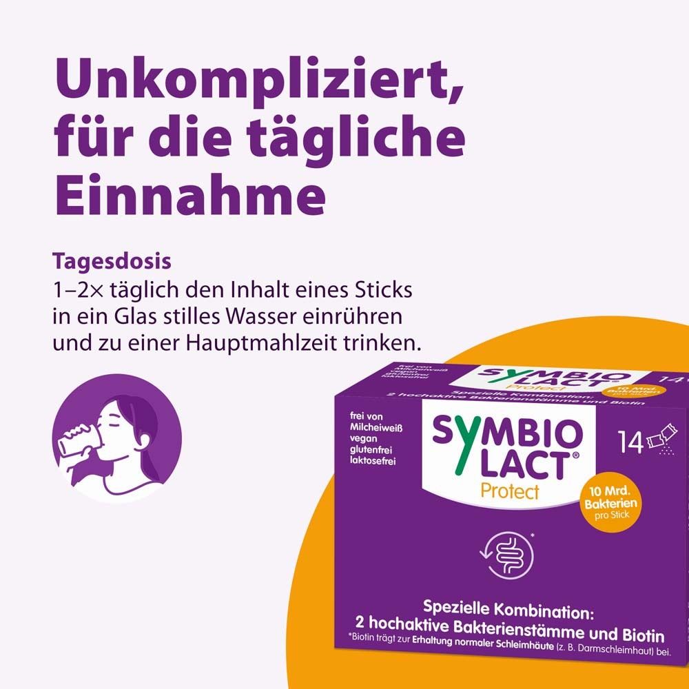 Frau trinkt aus einem Glas. Text: Unkompliziert, für die tägliche Einnahme. 1-2x täglich in Wasser einrühren. SymbioLact Protect Packung.