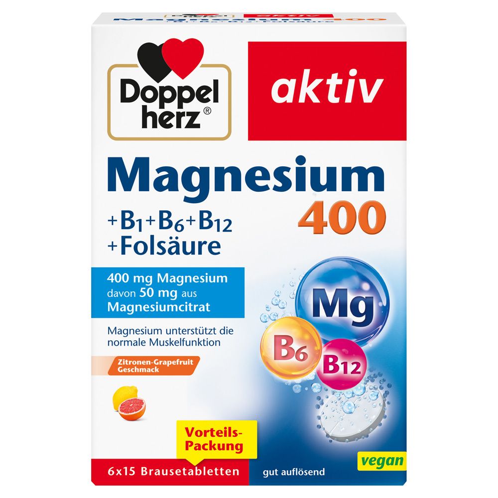 Verpackung von Doppelherz aktiv Magnesium 400 + B1 + B6 + B12 + Folsäure Brausetabletten. Enthält 6x15 Brausetabletten. Vegan.