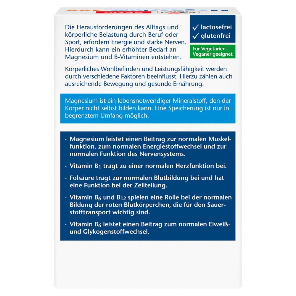 Rückseite der Verpackung von Doppelherz Magnesium 400. Informationen zu Inhaltsstoffen, Nährwerten, und Zertifizierungen.