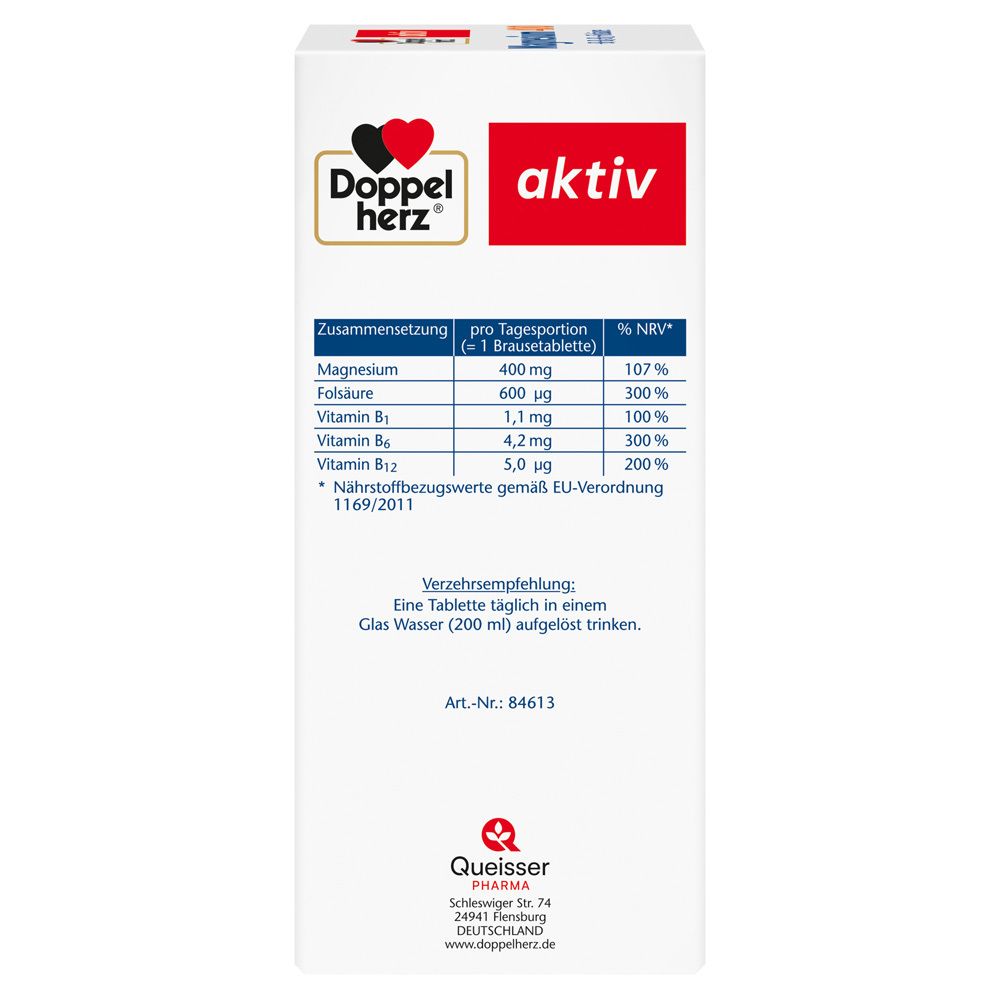 Rückseite der Verpackung von Doppelherz Magnesium 400. Enthält Informationen zur Dosierung und Hersteller.