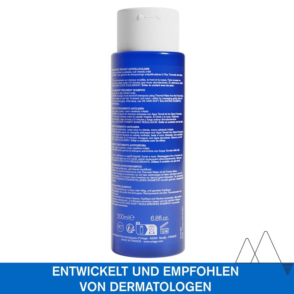 Rückseite der blauen Flasche Uriage DS Hair Shampoo. Text: Entwickelt und empfohlen von Dermatologen. 200ml.
