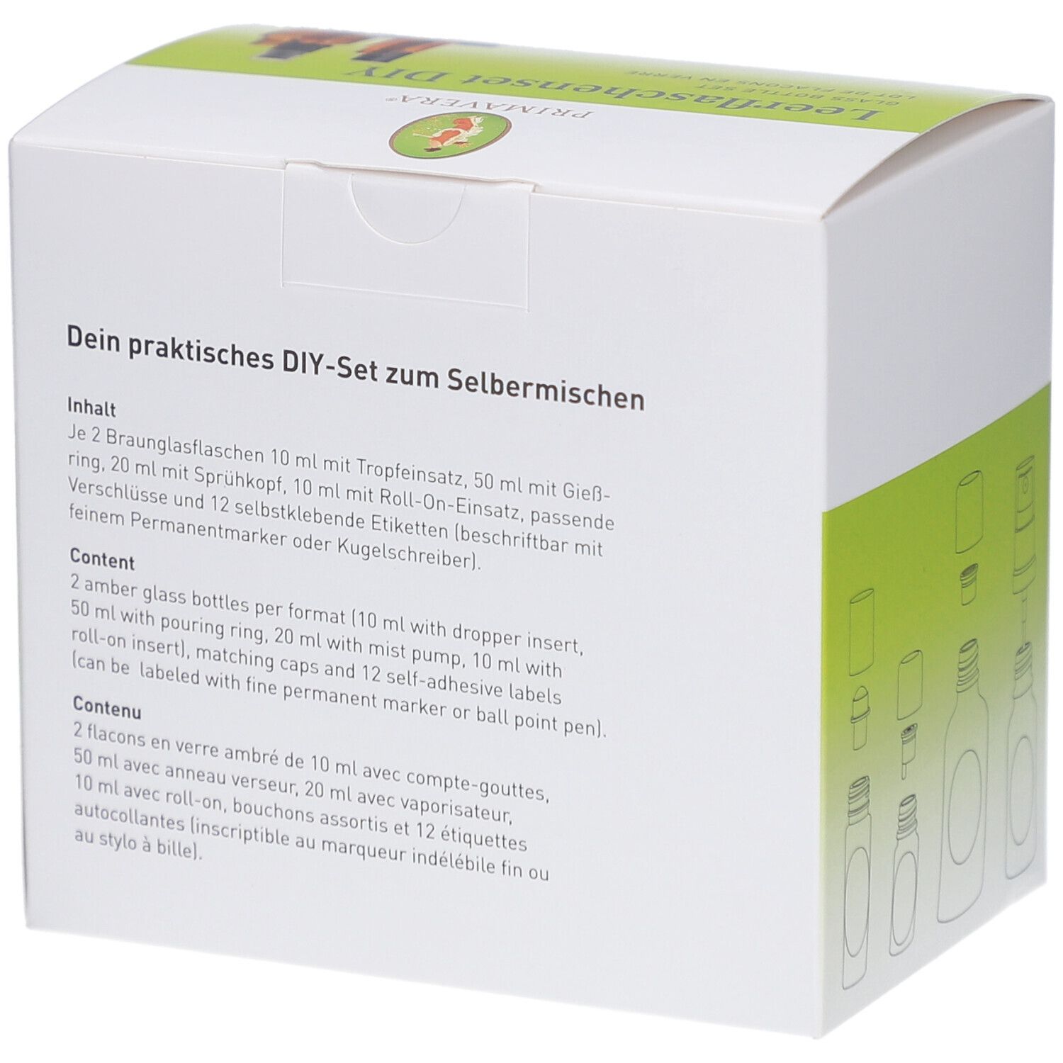 Rückseite der Verpackung mit Inhaltsangabe des Leerflaschensets DIY. Text in Deutsch, Englisch und Französisch.