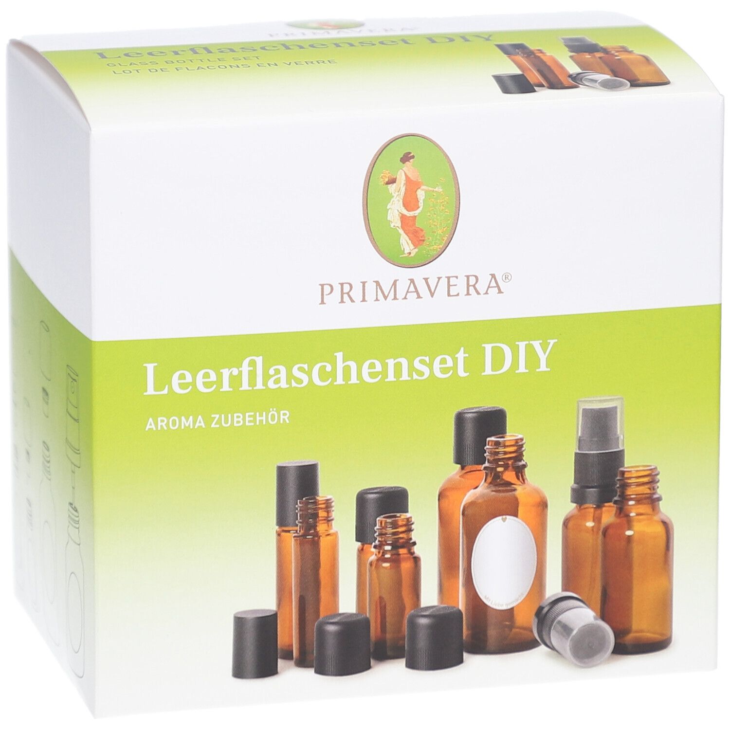 Leerflaschenset DIY, 8-teilig. Braunglasflaschen mit schwarzen Deckeln und Sprühaufsatz. PRIMAVERA Logo auf der Verpackung.