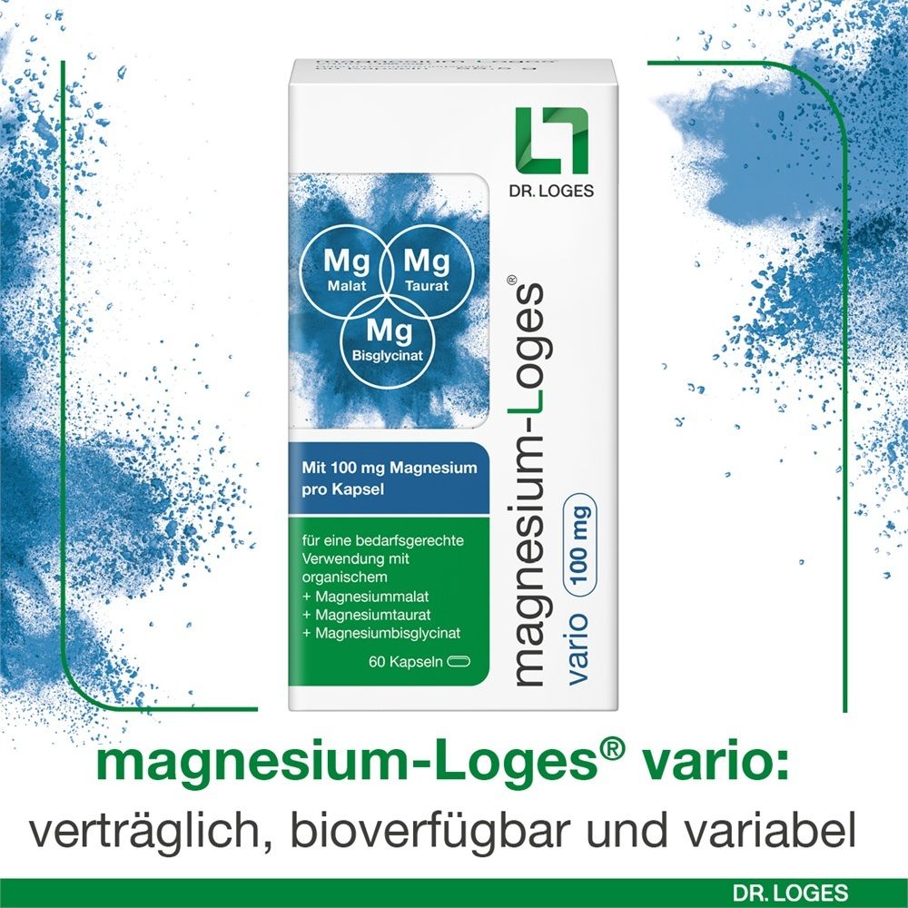 Verpackung und Flasche von Magnesium-Loges® vario 100 mg, 60 Kapseln.