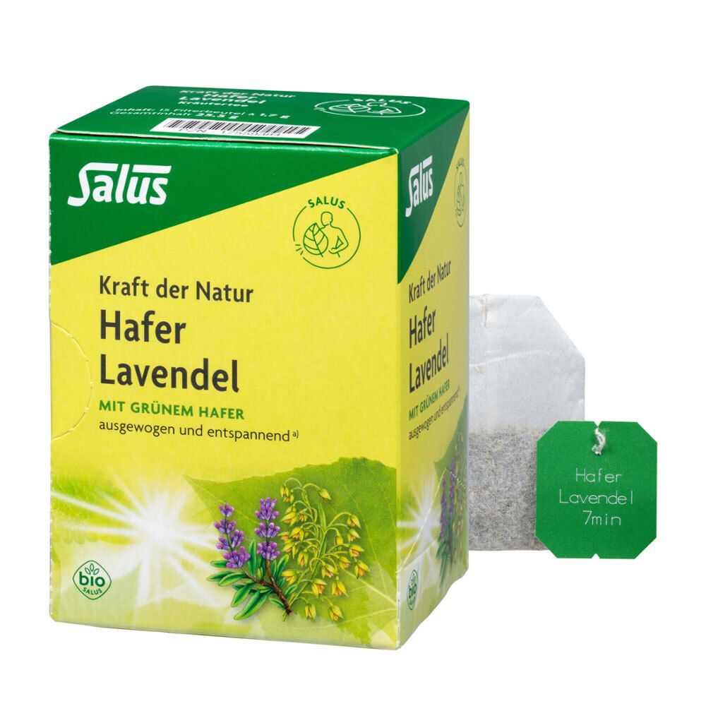 Grüne und gelbe Schachtel mit Aufschrift "Salus Hafer Lavendel". Ein Teebeutel und ein Etikett liegen daneben.