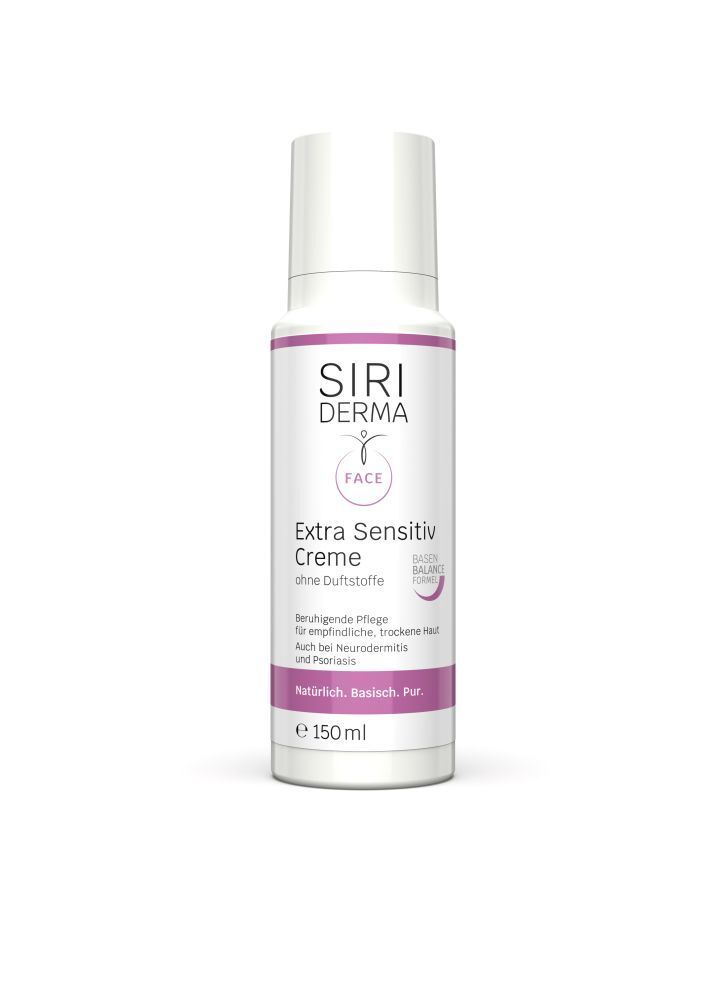 Weiße Flasche mit lila Akzenten. Aufschrift: SIRI DERMA, Extra Sensitiv Creme ohne Duftstoffe. Für empfindliche Haut. 150 ml.