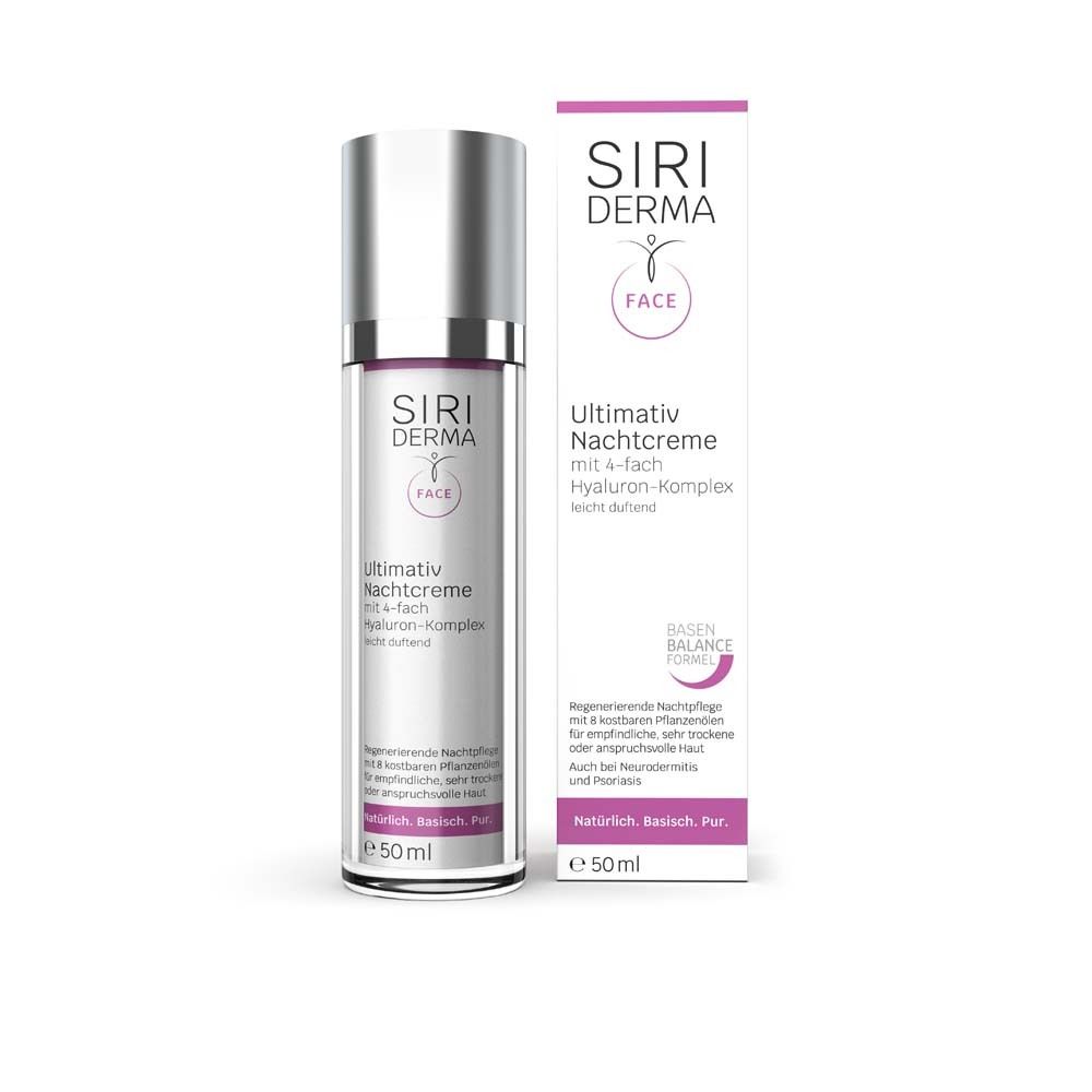 Creme-Flakon und Schachtel. Aufschrift: SIRIDERMA, Ultimativ Nachtcreme, mit 4-fach Hyaluron-Komplex. Basen Balance. 50ml.