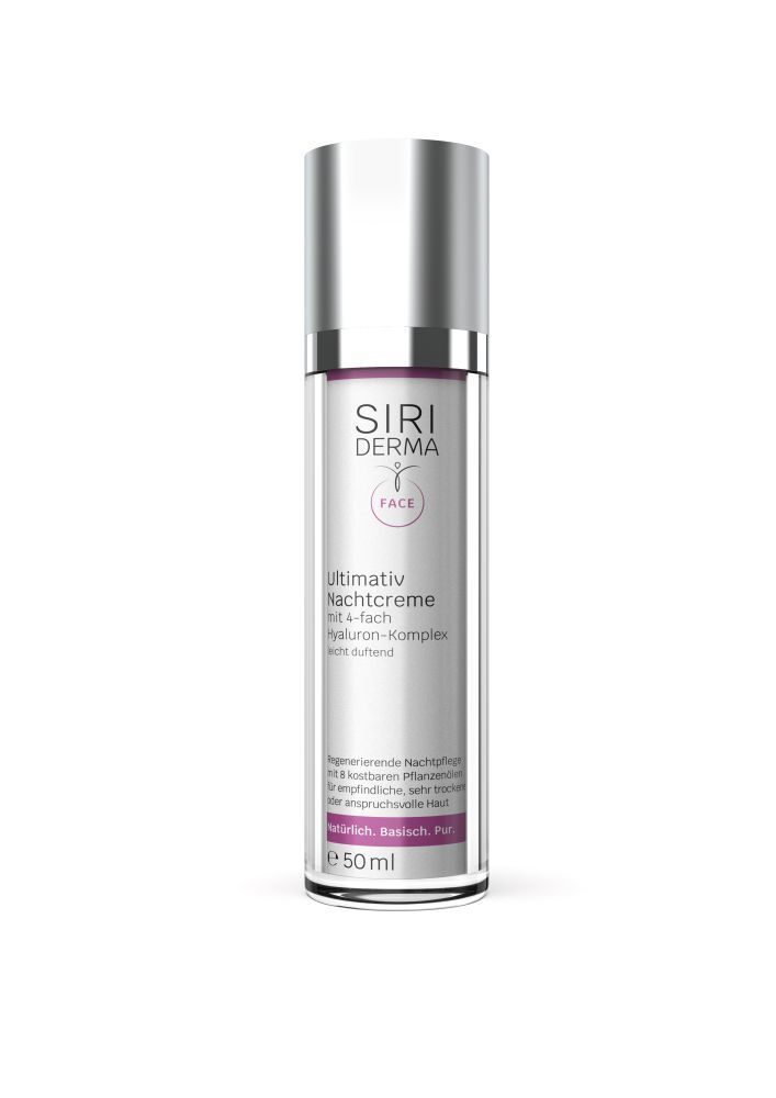 Creme-Flakon. Aufschrift: SIRIDERMA, Ultimativ Nachtcreme, mit 4-fach Hyaluron-Komplex. 50ml.