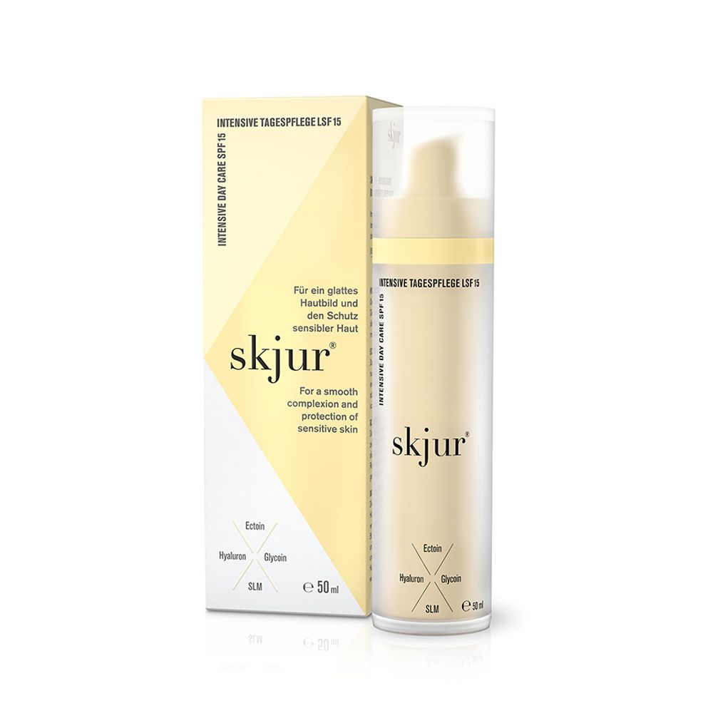 Skjur Intensive Tagespflege LSF 15 in Flasche und Karton. Enthält Ectoin, Hyaluron, Glycin, SLM. 50ml.
