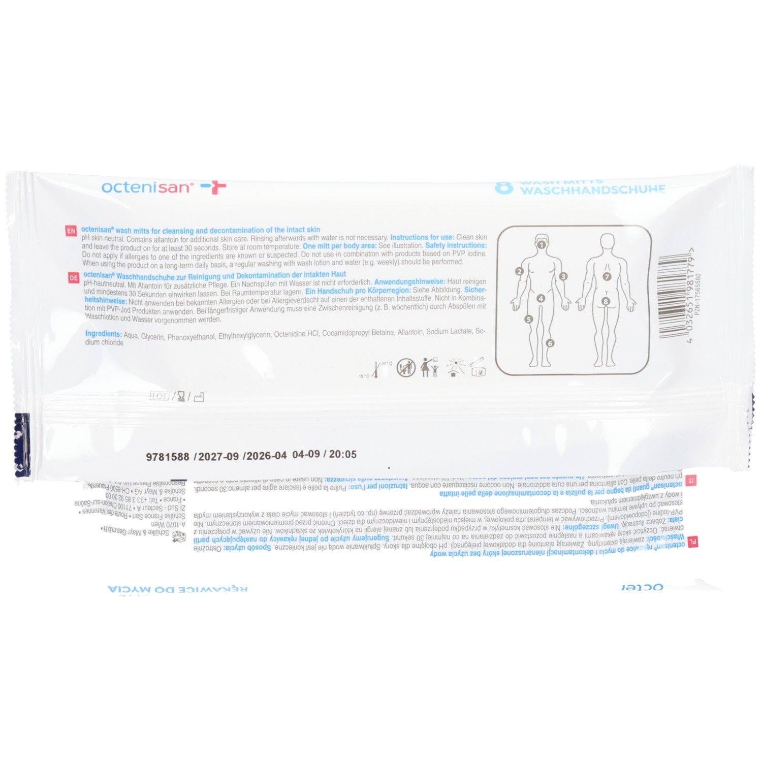 Rückseite der octenisan® Waschhandschuh-Verpackung mit Anwendungshinweisen und Inhaltsstoffen.