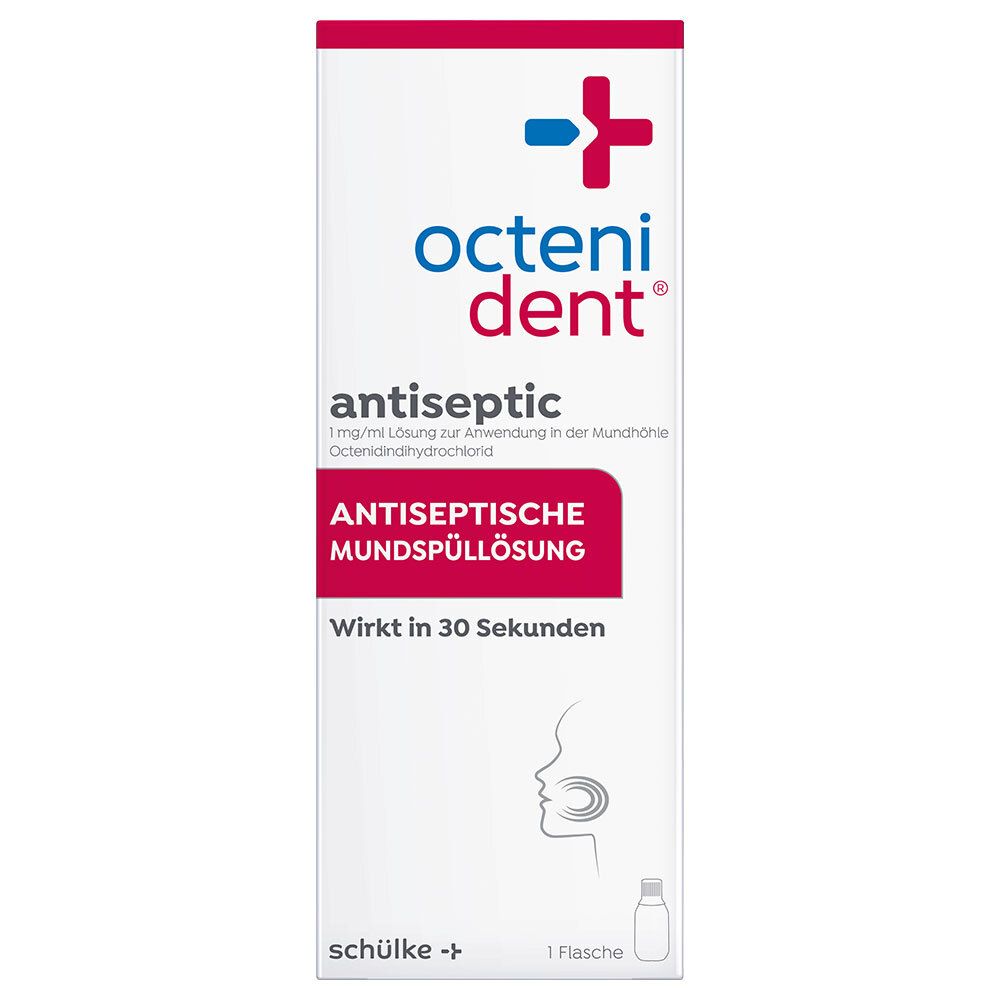 octenident® Mundspüllösung Verpackung. Hoher, schmaler Karton mit roter und blauer Beschriftung. Aufschrift: antiseptisch.