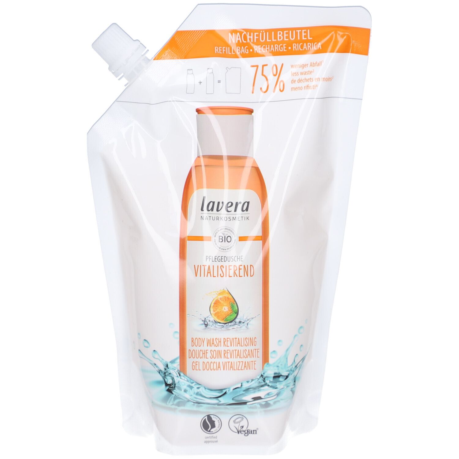 Nachfüllbeutel mit Produktflasche. Enthält vitalisierendes Duschgel. Orangefarbene Flüssigkeit, weißer Beutel mit Aufdruck.